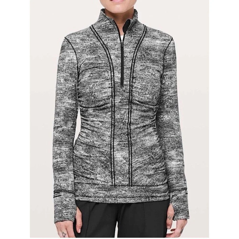 Lululemon Cypress Kiss 1/2 Zip Rush Jacquard Black White Run Yoga Thumbholes 4